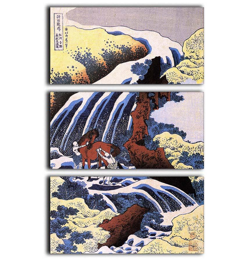 A stunning 3-panel canvas print featuring Hokusai's Waterfall and horse washing artwork, showcasing vibrant colors and intricate details.